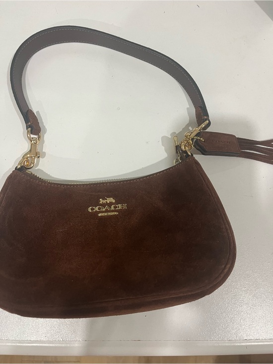 Coach Handbags - Coach Brown Suede Shoulder Bag with Gold Hardware